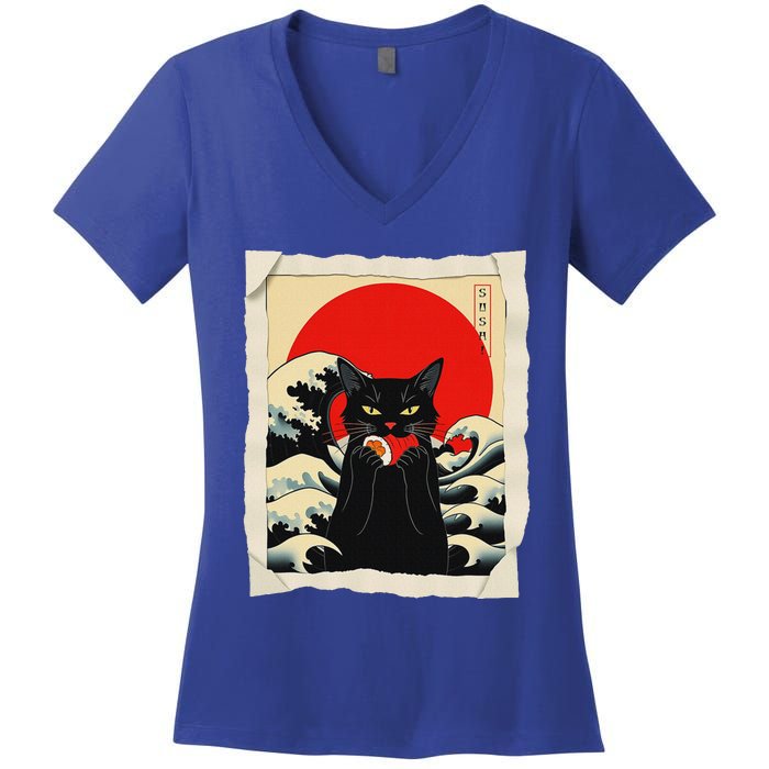 Black Cat Eating Sushi Anime Cat Women's V-Neck T-Shirt