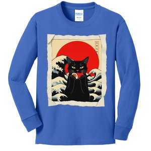 Black Cat Eating Sushi Anime Cat Kids Long Sleeve Shirt