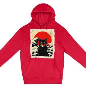 Black Cat Eating Sushi Anime Cat Premium Pullover Hoodie