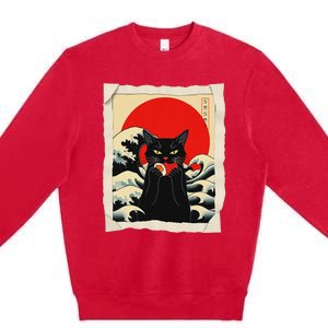 Black Cat Eating Sushi Anime Cat Premium Crewneck Sweatshirt