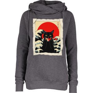 Black Cat Eating Sushi Anime Cat Womens Funnel Neck Pullover Hood