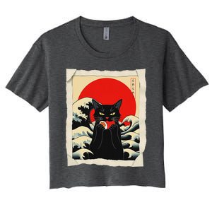 Black Cat Eating Sushi Anime Cat Women's Crop Top Tee