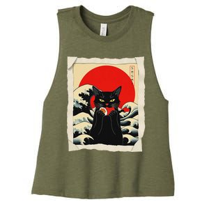 Black Cat Eating Sushi Anime Cat Women's Racerback Cropped Tank