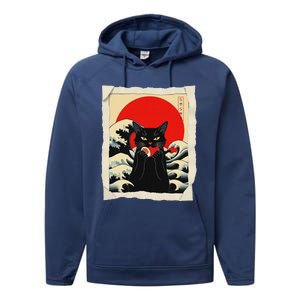 Black Cat Eating Sushi Anime Cat Performance Fleece Hoodie