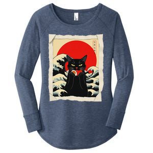 Black Cat Eating Sushi Anime Cat Women's Perfect Tri Tunic Long Sleeve Shirt