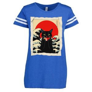 Black Cat Eating Sushi Anime Cat Enza Ladies Jersey Football T-Shirt