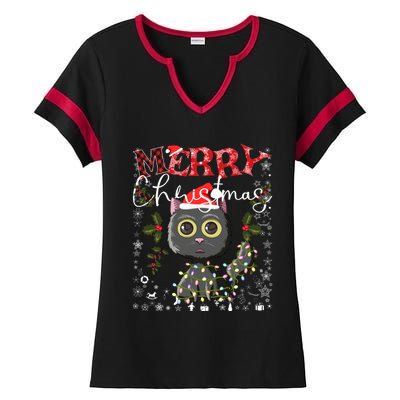 Black Cat Funny Xmas Light Kawaii Cat Lovers Merry Christmas Gift Ladies Halftime Notch Neck Tee