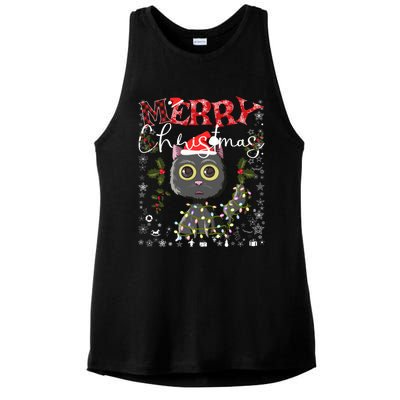 Black Cat Funny Xmas Light Kawaii Cat Lovers Merry Christmas Gift Ladies PosiCharge Tri-Blend Wicking Tank