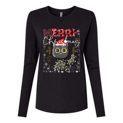 Black Cat Funny Xmas Light Kawaii Cat Lovers Merry Christmas Gift Womens Cotton Relaxed Long Sleeve T-Shirt