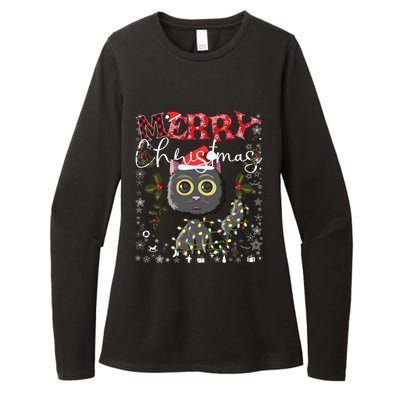 Black Cat Funny Xmas Light Kawaii Cat Lovers Merry Christmas Gift Womens CVC Long Sleeve Shirt