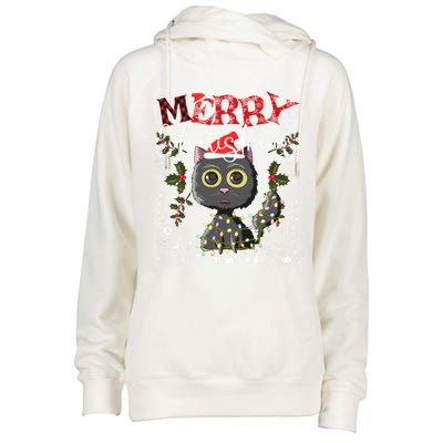 Black Cat Funny Xmas Light Kawaii Cat Lovers Merry Christmas Gift Womens Funnel Neck Pullover Hood