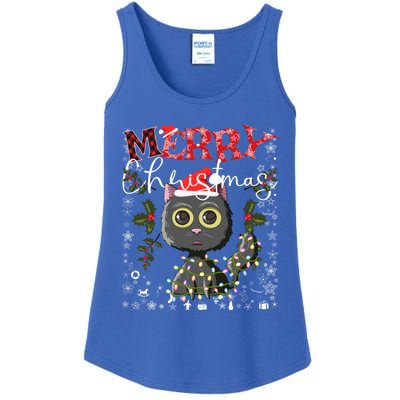 Black Cat Funny Xmas Light Kawaii Cat Lovers Merry Christmas Gift Ladies Essential Tank