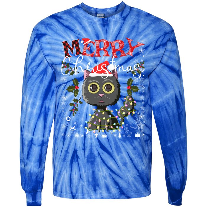 Black Cat Funny Xmas Light Kawaii Cat Lovers Merry Christmas Gift Tie-Dye Long Sleeve Shirt