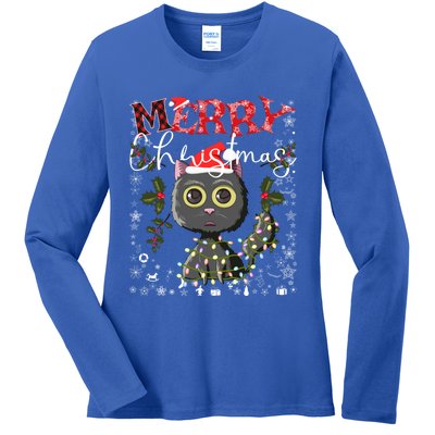 Black Cat Funny Xmas Light Kawaii Cat Lovers Merry Christmas Gift Ladies Long Sleeve Shirt