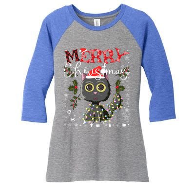 Black Cat Funny Xmas Light Kawaii Cat Lovers Merry Christmas Gift Women's Tri-Blend 3/4-Sleeve Raglan Shirt