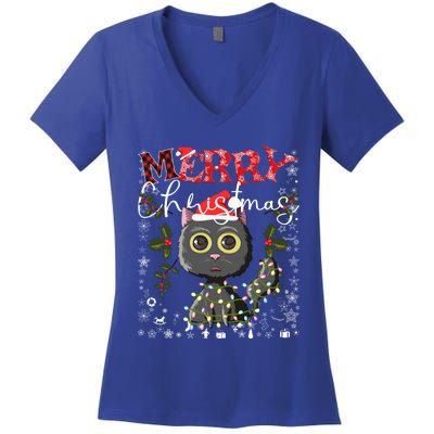 Black Cat Funny Xmas Light Kawaii Cat Lovers Merry Christmas Gift Women's V-Neck T-Shirt