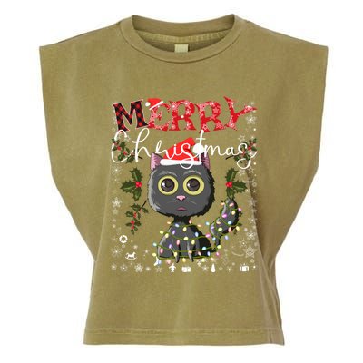 Black Cat Funny Xmas Light Kawaii Cat Lovers Merry Christmas Gift Garment-Dyed Women's Muscle Tee