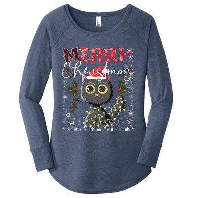 Black Cat Funny Xmas Light Kawaii Cat Lovers Merry Christmas Gift Women's Perfect Tri Tunic Long Sleeve Shirt