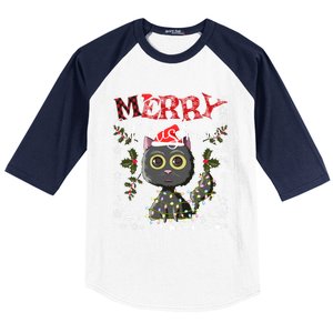 Black Cat Funny Xmas Light Kawaii Cat Lovers Merry Christmas Gift Baseball Sleeve Shirt