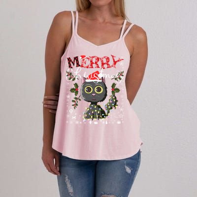 Black Cat Funny Xmas Light Kawaii Cat Lovers Merry Christmas Gift Women's Strappy Tank