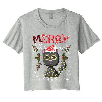 Black Cat Funny Xmas Light Kawaii Cat Lovers Merry Christmas Gift Women's Crop Top Tee