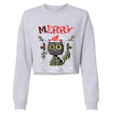 Black Cat Funny Xmas Light Kawaii Cat Lovers Merry Christmas Gift Cropped Pullover Crew