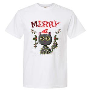 Black Cat Funny Xmas Light Kawaii Cat Lovers Merry Christmas Gift Garment-Dyed Heavyweight T-Shirt