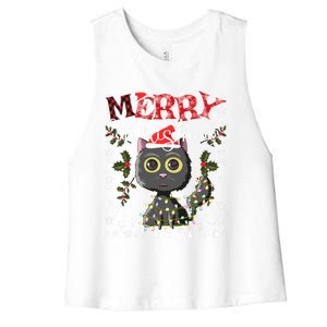 Black Cat Funny Xmas Light Kawaii Cat Lovers Merry Christmas Gift Women's Racerback Cropped Tank