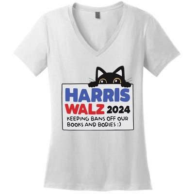 Black Cat Funny Harris Keeping Bans Off Our Books And Bodies Women's V-Neck T-Shirt