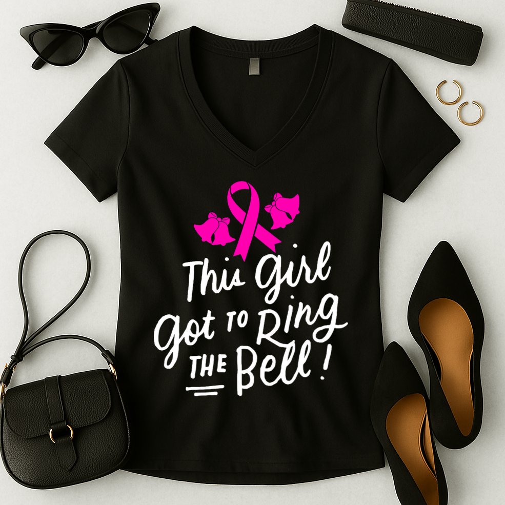 Breast Cancer Funny This Girl Got To Ring The Bell Chemo Grad Women's V-Neck T-Shirt