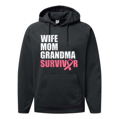 Breast Cancer Fighter  Wife Mom Grandma Survivor Performance Fleece Hoodie