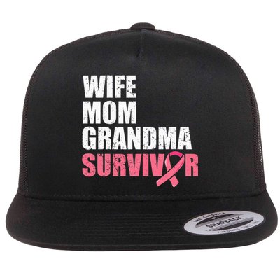 Breast Cancer Fighter  Wife Mom Grandma Survivor Flat Bill Trucker Hat