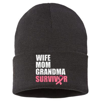 Breast Cancer Fighter  Wife Mom Grandma Survivor Sustainable Knit Beanie