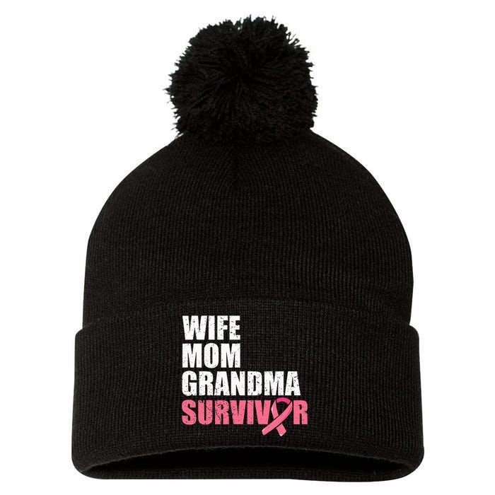 Breast Cancer Fighter  Wife Mom Grandma Survivor Pom Pom 12in Knit Beanie