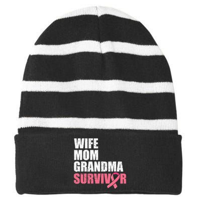 Breast Cancer Fighter  Wife Mom Grandma Survivor Striped Beanie with Solid Band