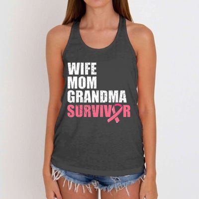 Breast Cancer Fighter  Wife Mom Grandma Survivor Women's Knotted Racerback Tank