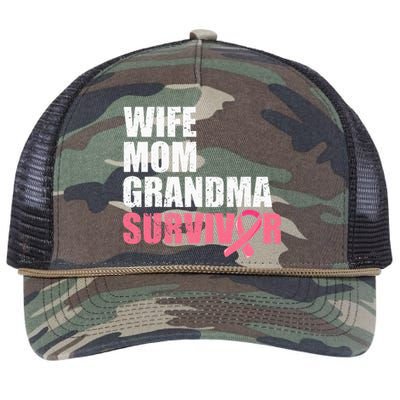 Breast Cancer Fighter  Wife Mom Grandma Survivor Retro Rope Trucker Hat Cap