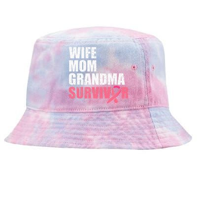 Breast Cancer Fighter  Wife Mom Grandma Survivor Tie-Dyed Bucket Hat