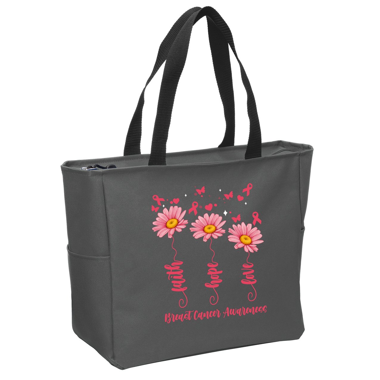 Breast Cancer Faith Hope Love Floral Zip Tote Bag