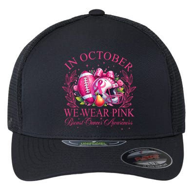 Breast Cancer Football In October We Wear Flexfit Unipanel Trucker Cap