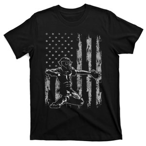 Baseball Catcher For Men Baseball USA Flag T-Shirt