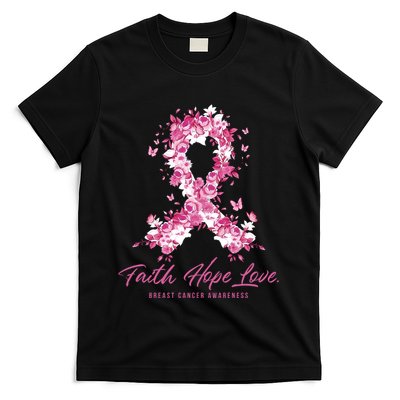 Breast Cancer Family Support Floral October Cancer Pink Ribbon T-Shirt