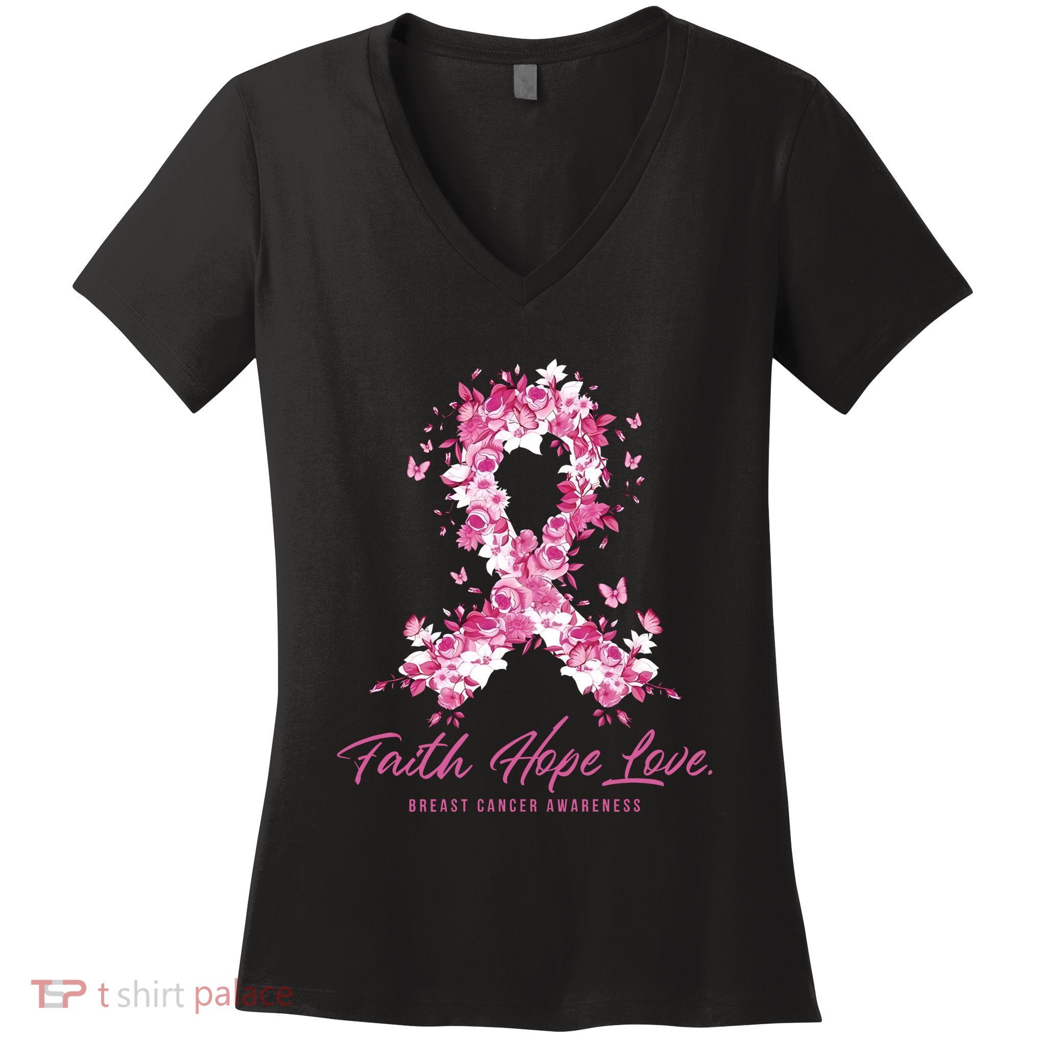 Breast Cancer Family Support Floral October Cancer Pink Ribbon Women's V-Neck T-Shirt