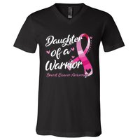 Breast Cancer Fighter Awareness Daughter Of A Warrior V-Neck T-Shirt