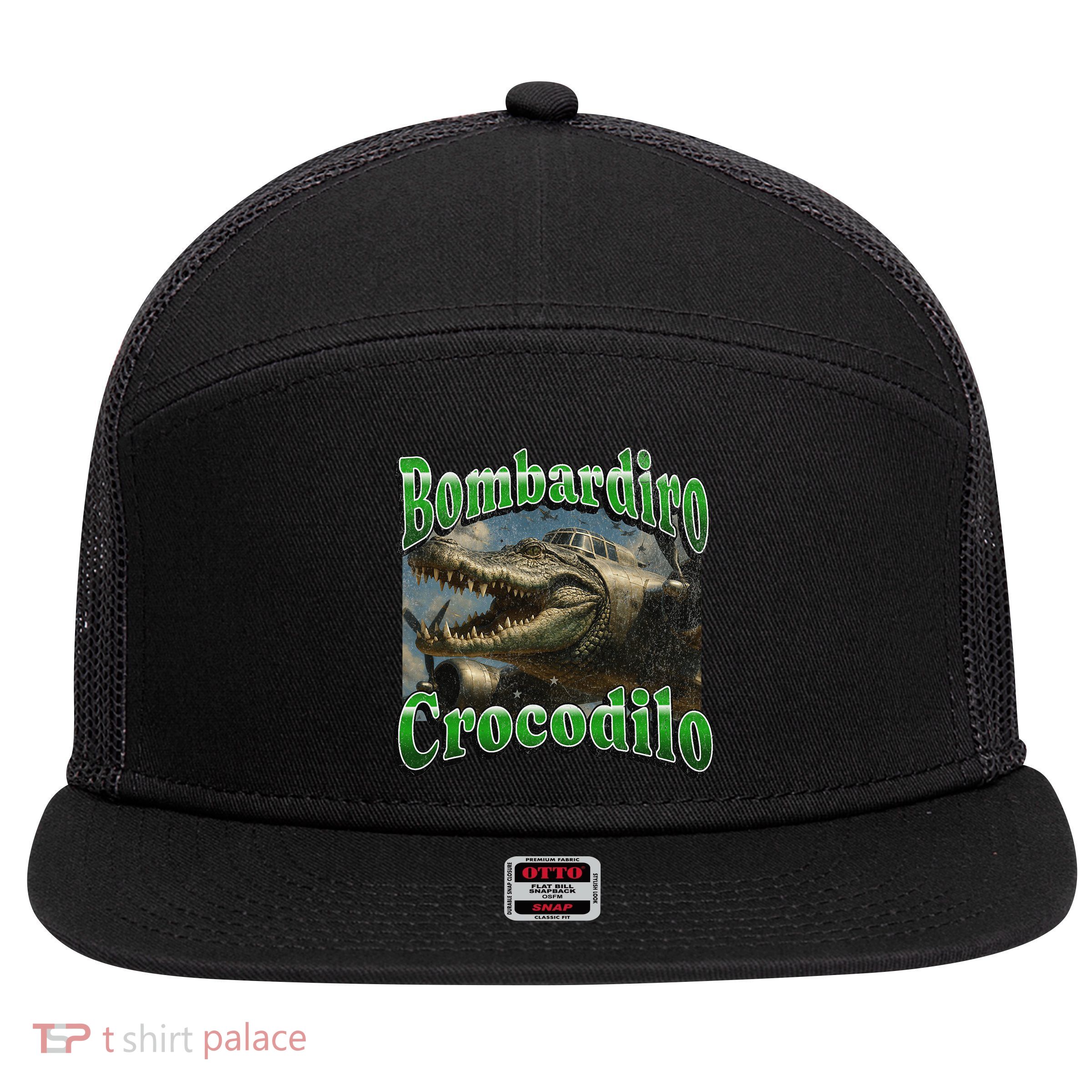 Bombadiro Crocodilo Funny Italian Brainrot Meme Graphic 7 Panel Mesh Trucker Snapback Hat