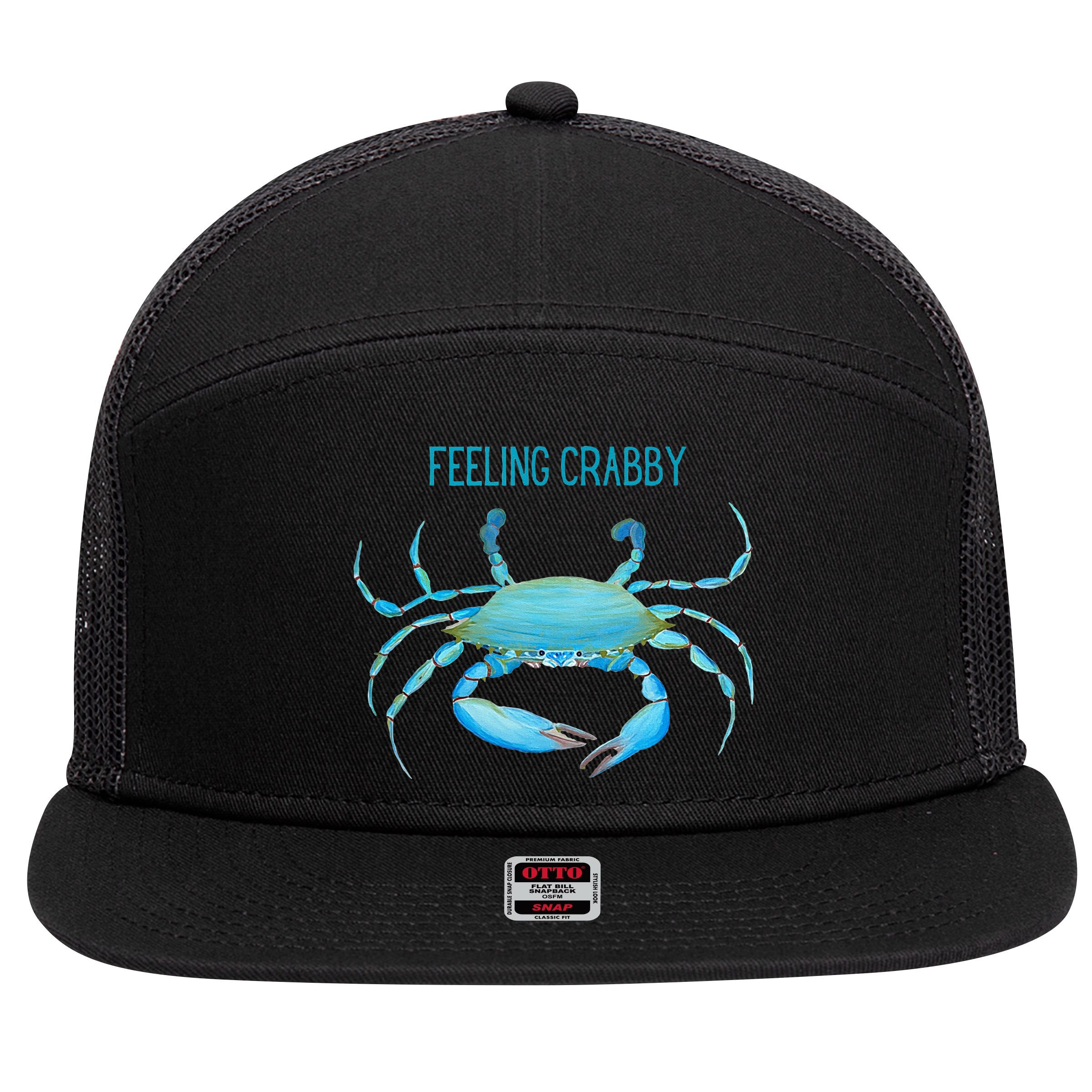 Blue Crab Feeling Crabby Ocean Life 7 Panel Mesh Trucker Snapback Hat