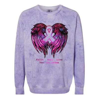 Breast Cancer Faith Hope Love Wings Great Gift Awareness (Back) Funny Gift Colorblast Crewneck Sweatshirt