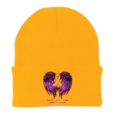 Breast Cancer Faith Hope Love Wings Great Gift Awareness (Back) Funny Gift Knit Cap Winter Beanie