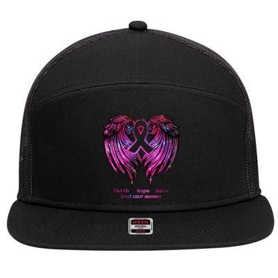 Breast Cancer Faith Hope Love Wings Great Gift Awareness (Back) Funny Gift 7 Panel Mesh Trucker Snapback Hat