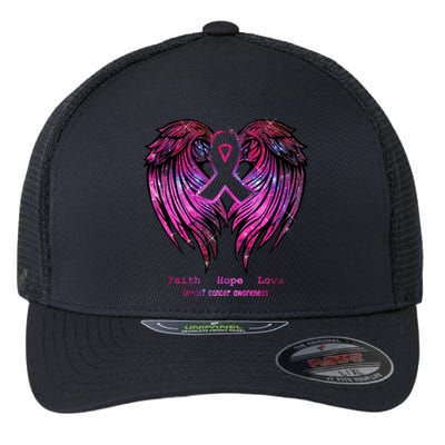 Breast Cancer Faith Hope Love Wings Great Gift Awareness (Back) Funny Gift Flexfit Unipanel Trucker Cap